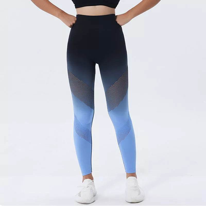Women's hollow design gradient printed yoga pants with high waist and quick-drying material