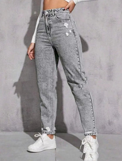 Women's ripped washed skinny jeans in cotton denim with medium stretch, high or mid waist, light blue to dark blue, S to 2XL.