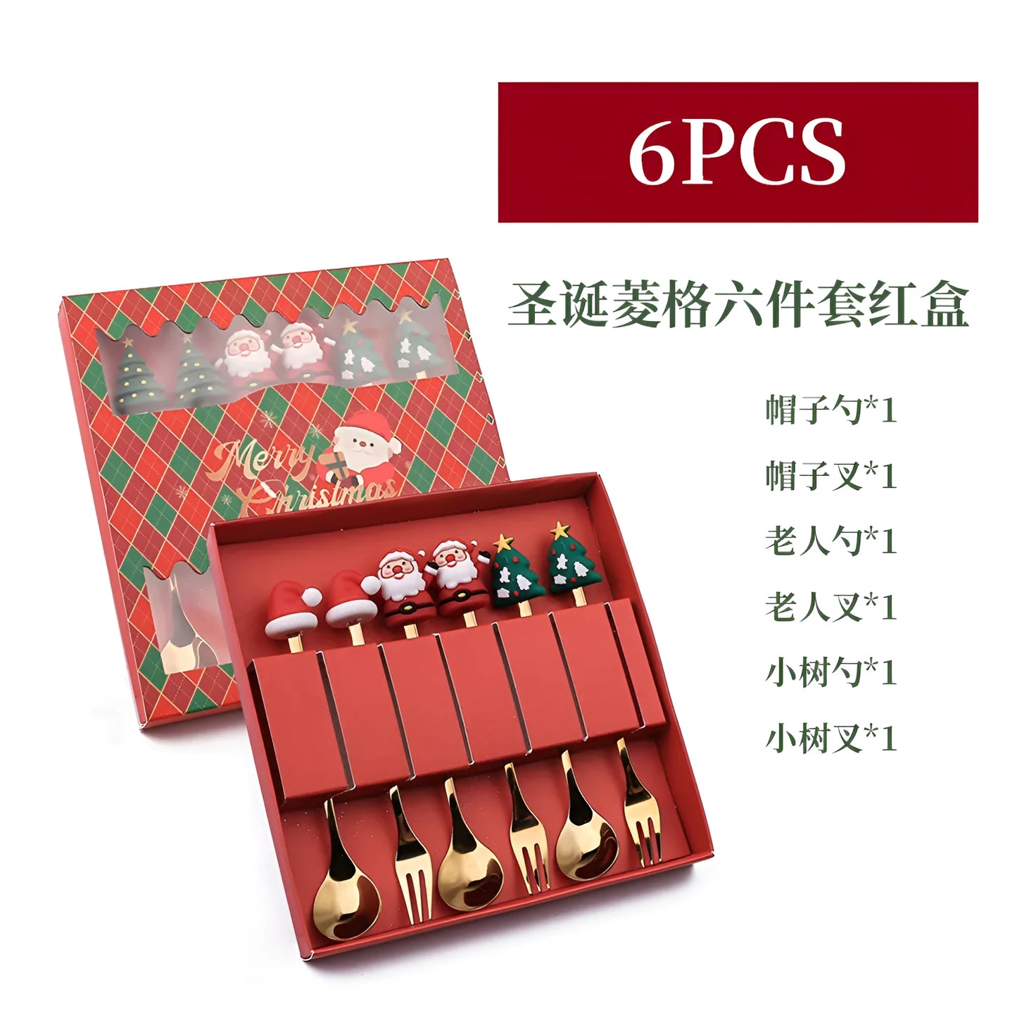 Red stainless steel Christmas spoons and forks with decorative snowman and Christmas tree handles