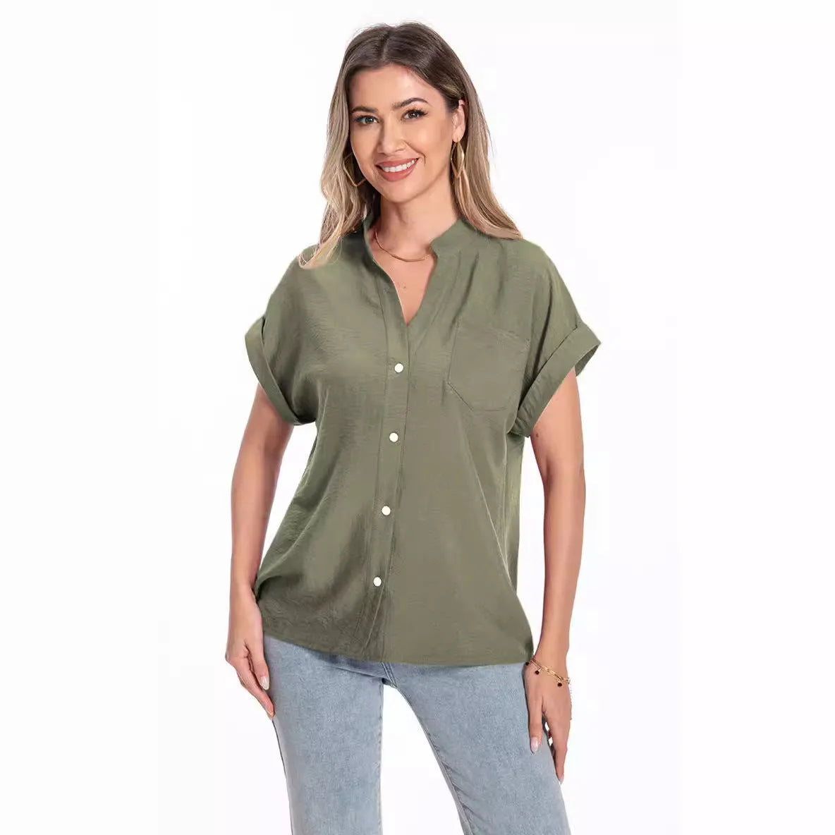 Women's loose-fit short sleeve top with stand collar and button front in army green