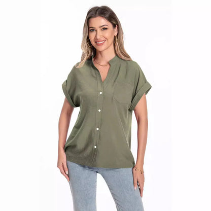 Women's loose-fit short sleeve top with stand collar and button front in army green