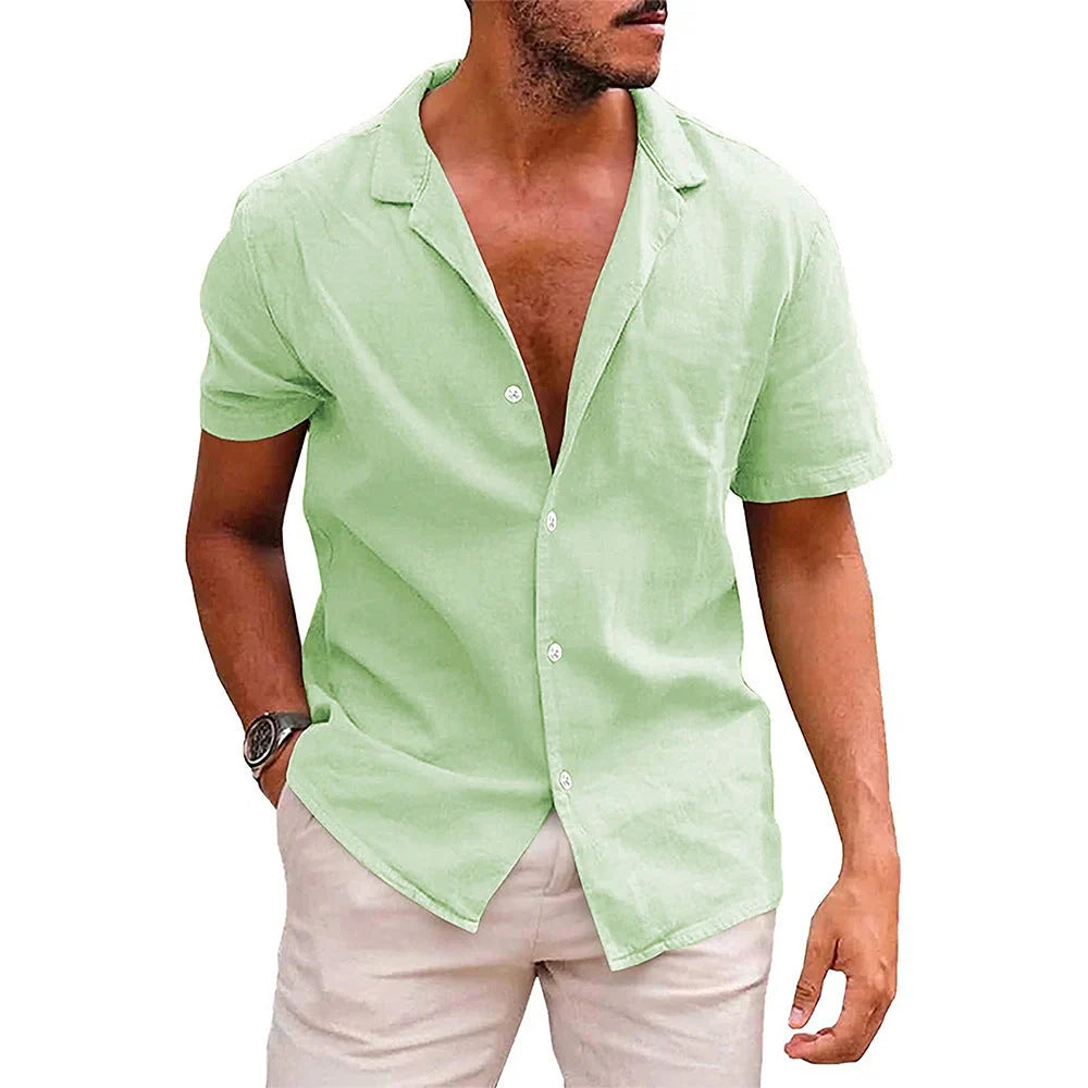 Men's casual linenCotton short sleeve button-down shirt in various colors
