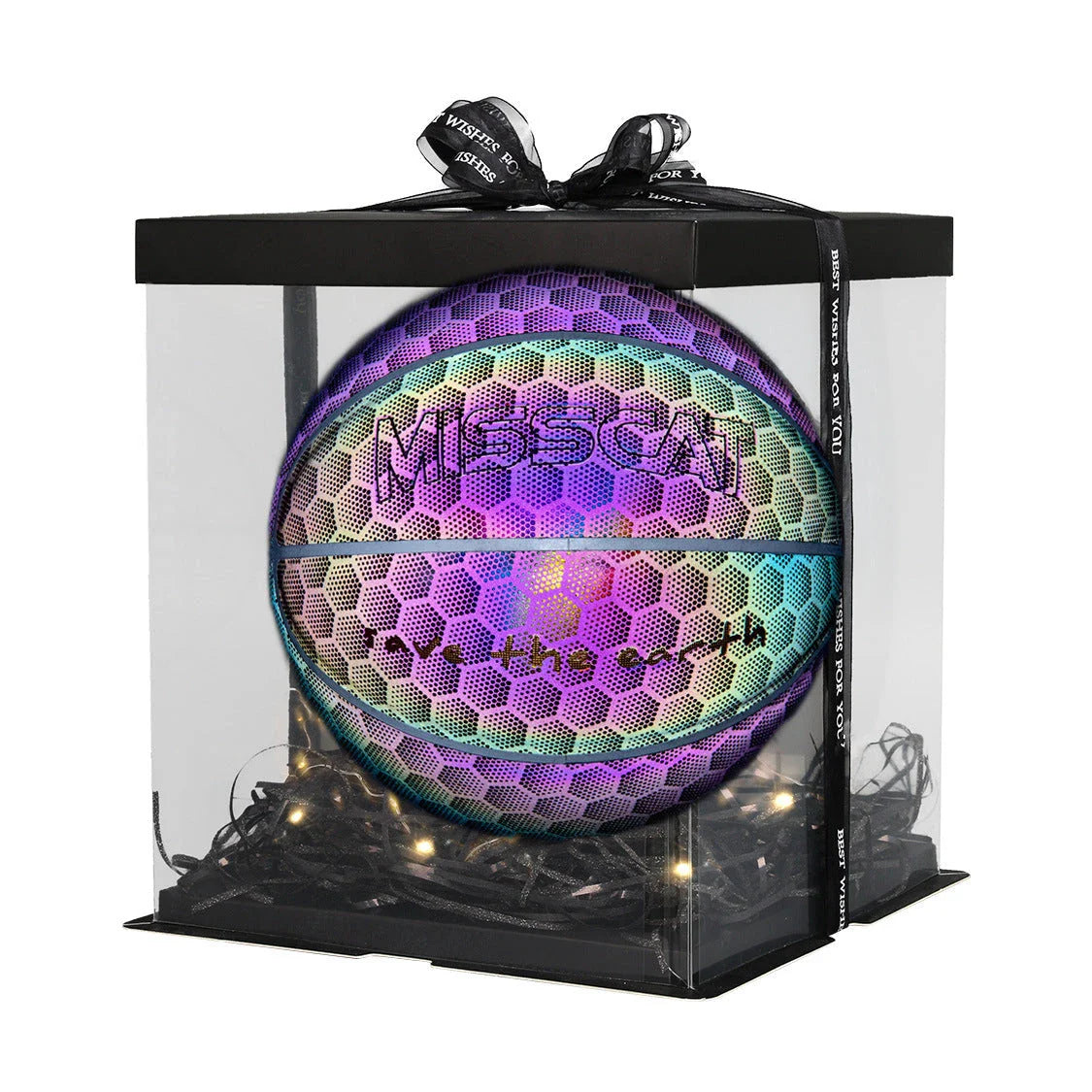 Glowing luminous basketball with mesmerizing rainbow, moon, and multicolored lighting effects for dazzling nighttime games