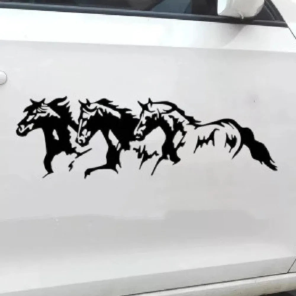 Three horses car sticker vinyl decal measuring 25cm by 8cm in black, white, red, and blue colours