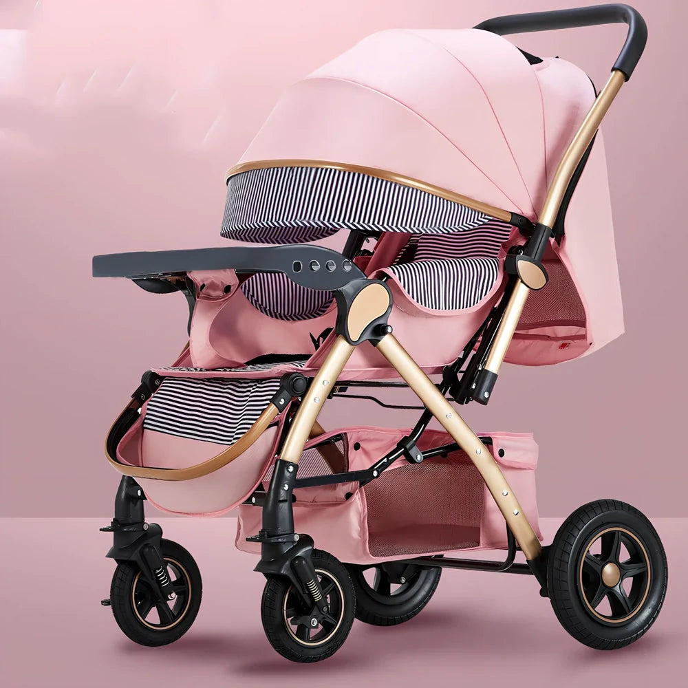Baby stroller gift box in local gold frame with khaki blended fabric and 20cm rubber rear wheels for newborn use