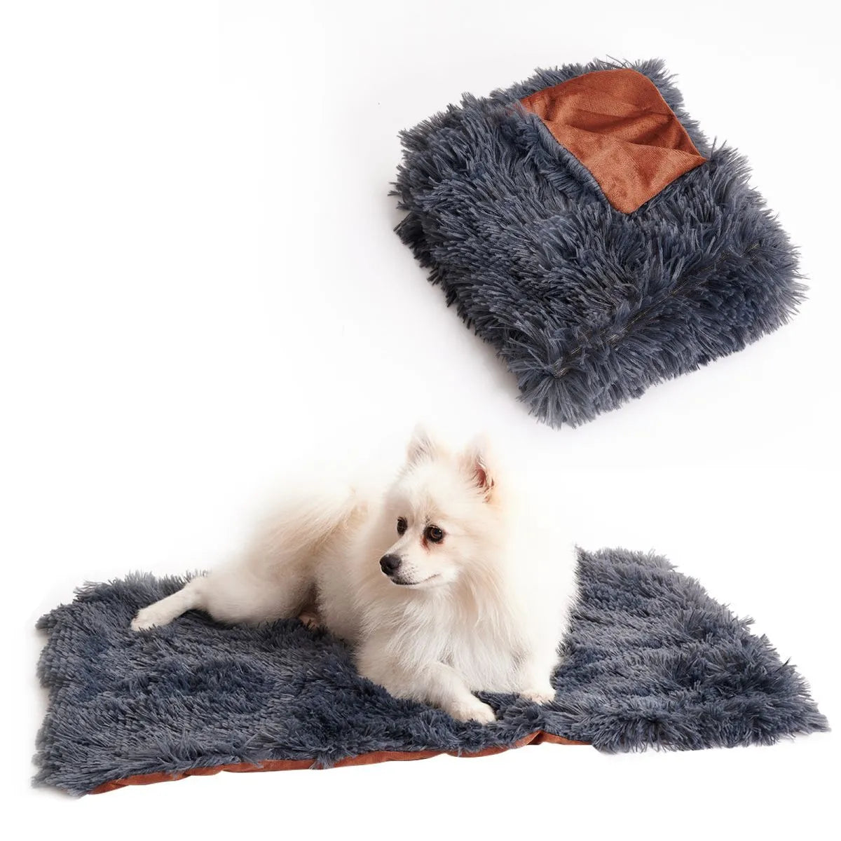 Light grey velvet pet blanket draped over a sofa next to a sleeping dog