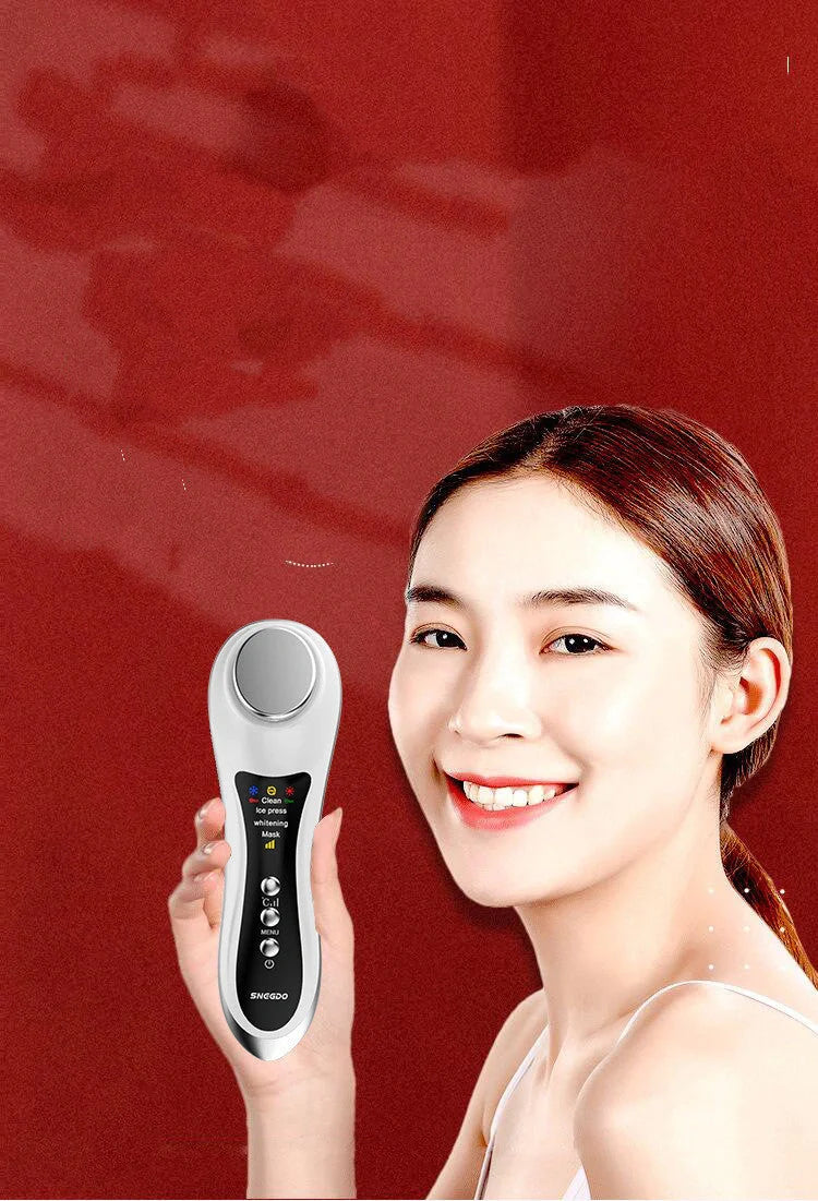 Hot & Cold Eye Massage Machine in pearl white and rose gold for skin care and eye relief