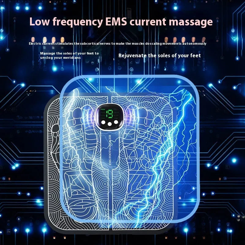 Blue rechargeable foot massager mat with reflexology nodes and remote control on wooden floor