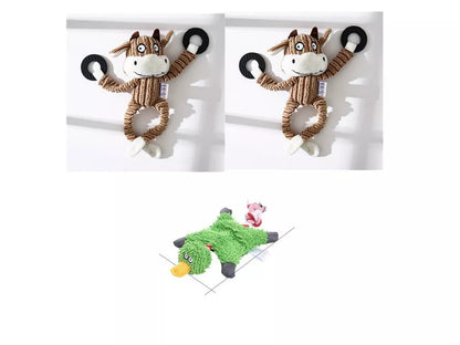 Donkey-shaped corduroy chew toy for dogs with squeaker, available in white, brown, and gray