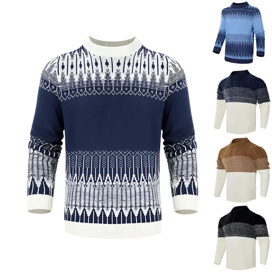 Men's grey cotton blend knitted pullover sweater with long sleeves on a hanger.