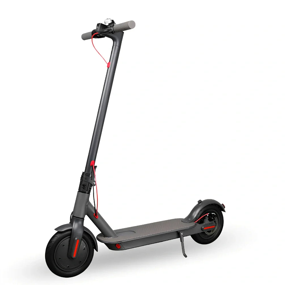 Black foldable electric scooter with 8.5-inch wheels showing compact 112cm folded length