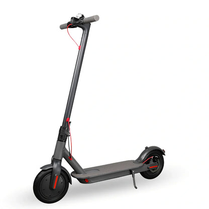 Black foldable electric scooter with 8.5-inch wheels showing compact 112cm folded length