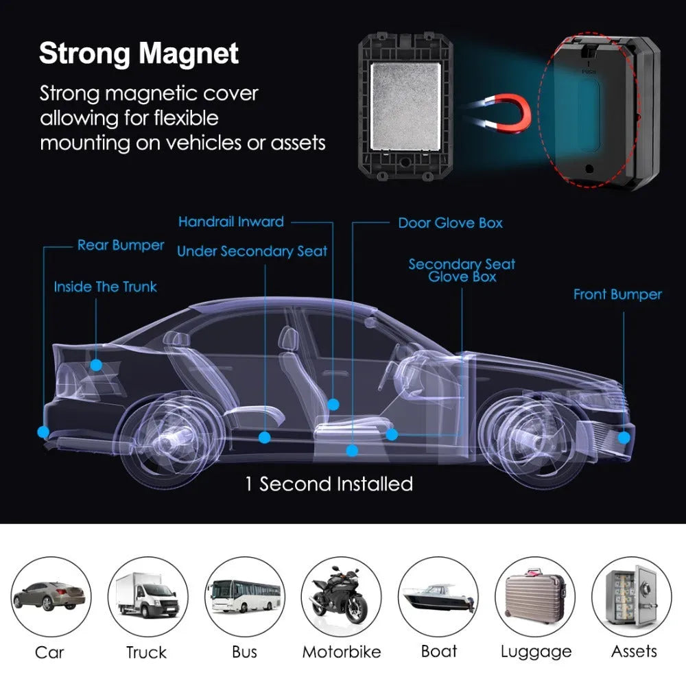 Black GPS car locator device with 6000mAh battery for vehicle tracking.