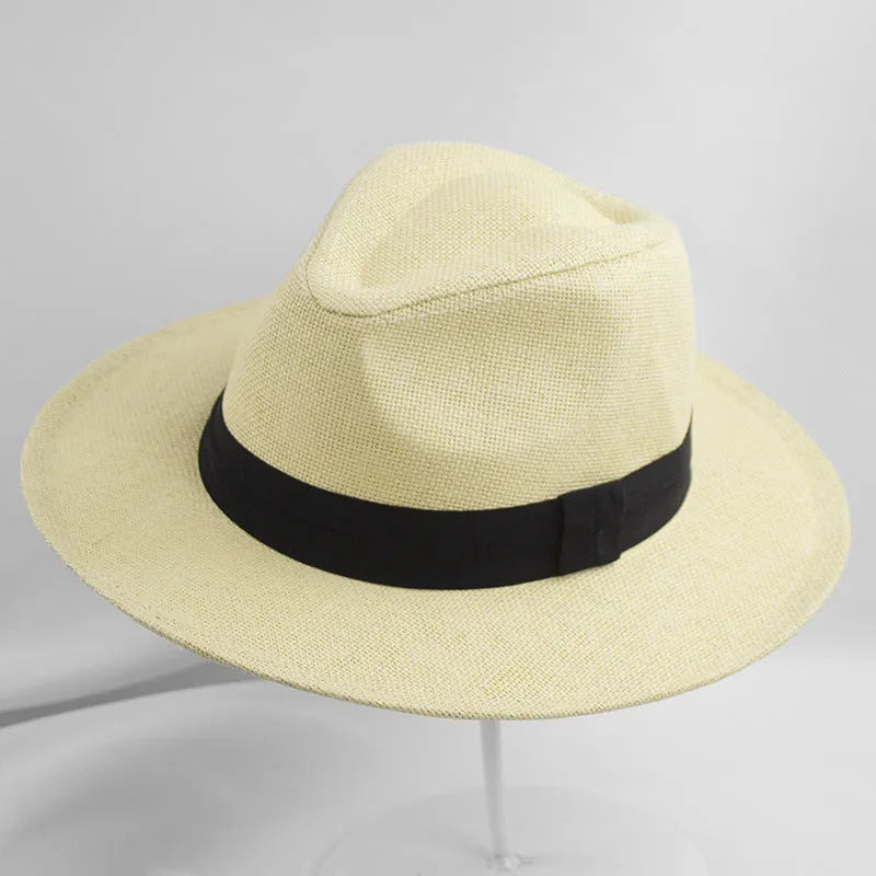 Men's wide brim flat top sun hat in beige colour with a paper fabric construction.