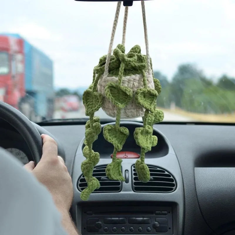 Green and white knitting wool car plant decoration with 8cm base and 25cm hanging rope