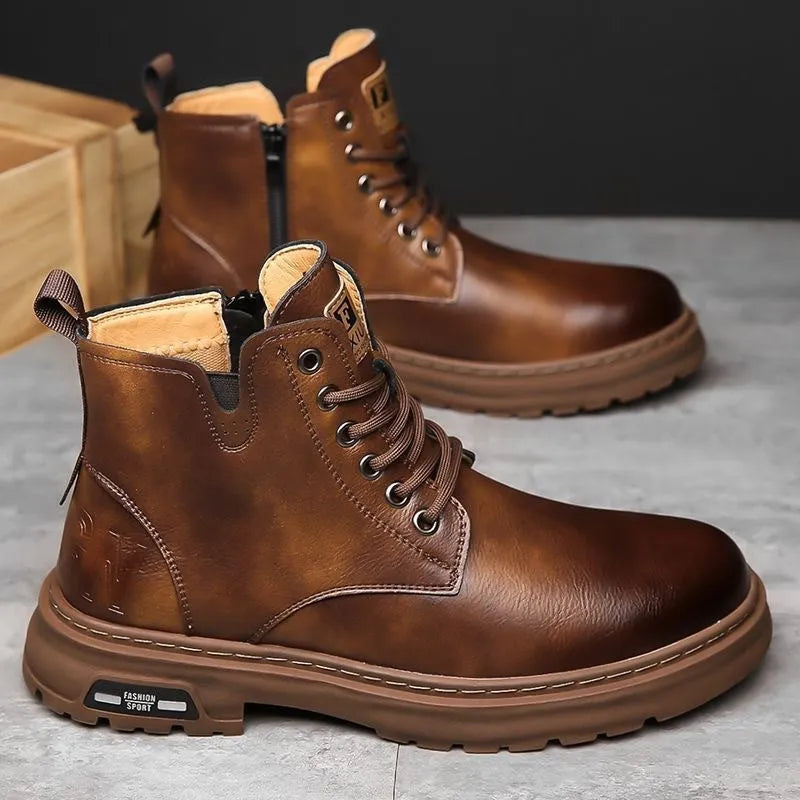 Men's British Martin boots in black or brown, lace-up front, thick rubber sole, sizes 38-45.