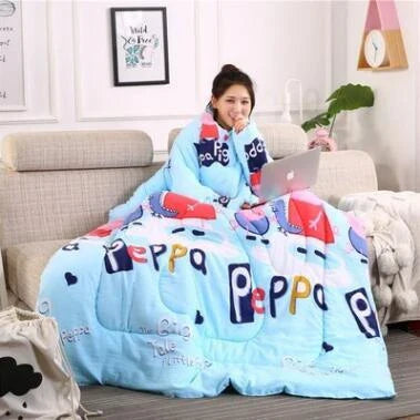 Cozy fleece blanket with sleeves in various colors, perfect for relaxing and enjoying indoor activities