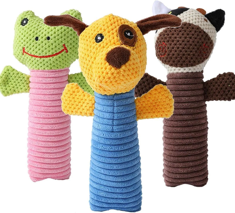 Dog squeaky toy with dental cleaning benefits: 19cm length plush animal shape for small to large breeds, reduces plaque and gum bleeding with chew-resistant polyester fibre construction, includes 32g weight for durable play.