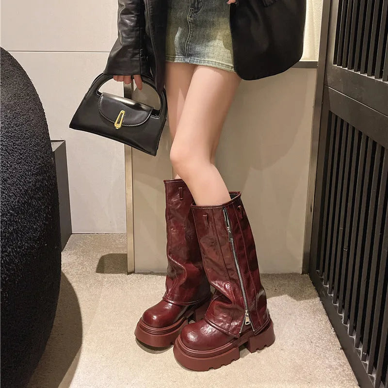 Women's black platform Martin boots with high cylinder socks and square heel
