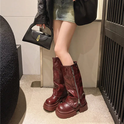 Women's black platform Martin boots with high cylinder socks and square heel