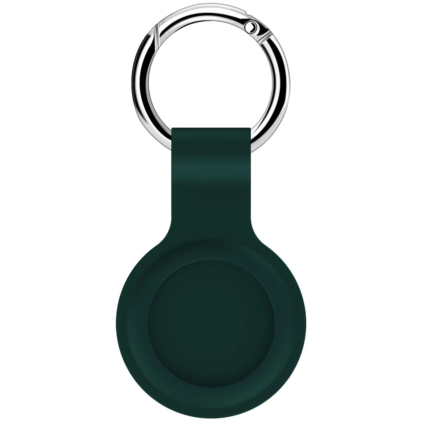 Black waterproof silicone Airtag protective case with metal keychain clip, shown next to colour options.