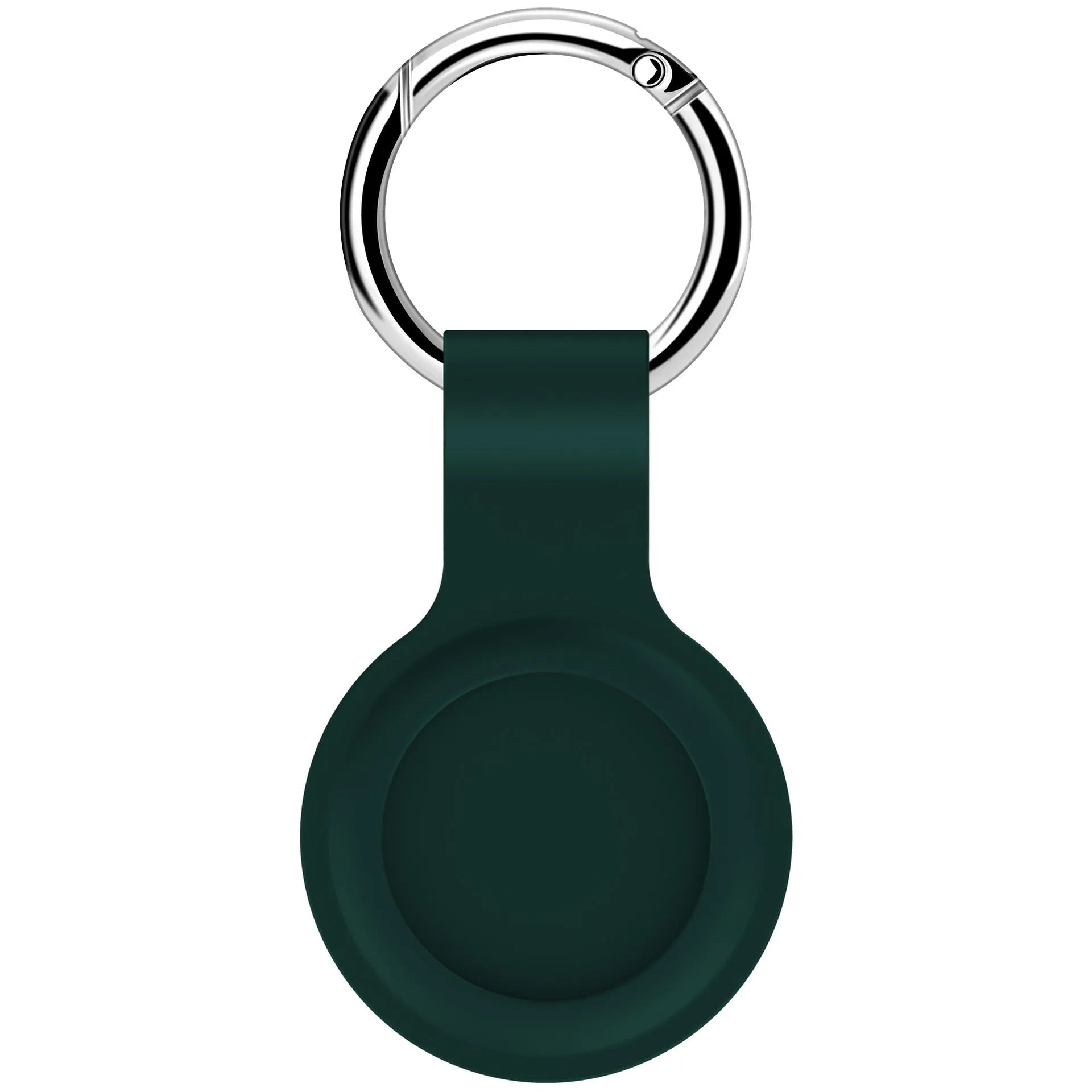 Black waterproof silicone Airtag protective case with metal keychain clip, shown next to colour options.