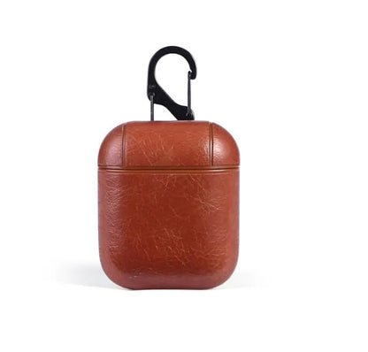 Genuine leather AirPods protective case in black with visible charging cable storage pocket