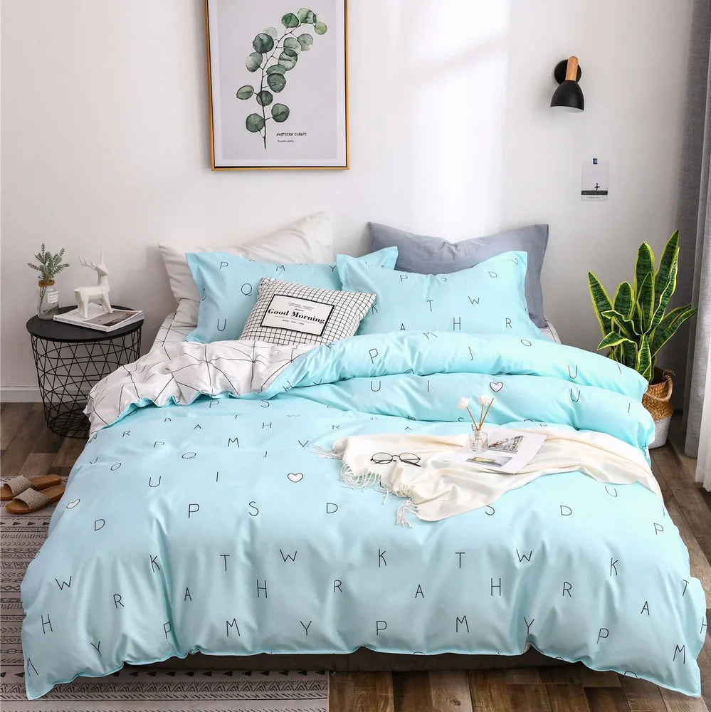 Cartoon pattern quilted bed linen set with reactive dye colours on UK-sized bedding