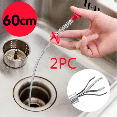 Stainless steel sewer dredge spring drain cleaning tool with a black PP handle.
