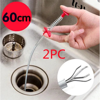 Stainless steel sewer dredge spring drain cleaning tool with a black PP handle.