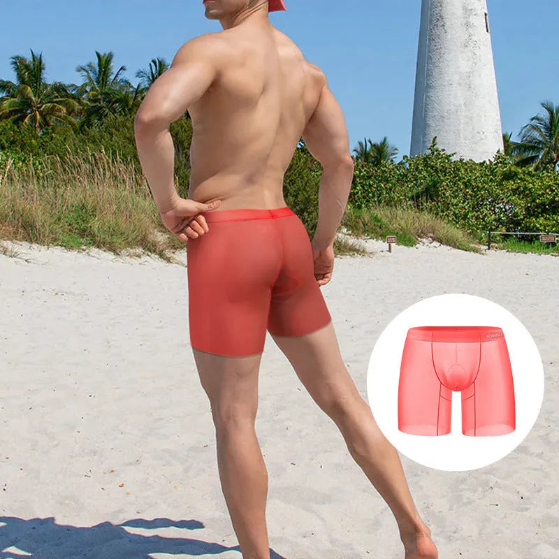 Men's solid colour ice silk nylon boxers on a white background, showing low-rise waistband
