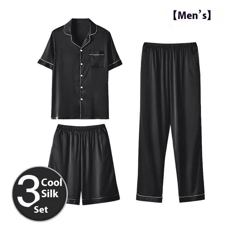 Men's black ice silk three-piece home wear set featuring a loose-fitting top with matching trousers and shorts.
