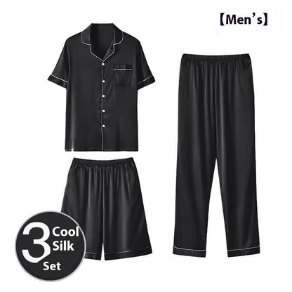 Men's black ice silk three-piece home wear set featuring a loose-fitting top with matching trousers and shorts.