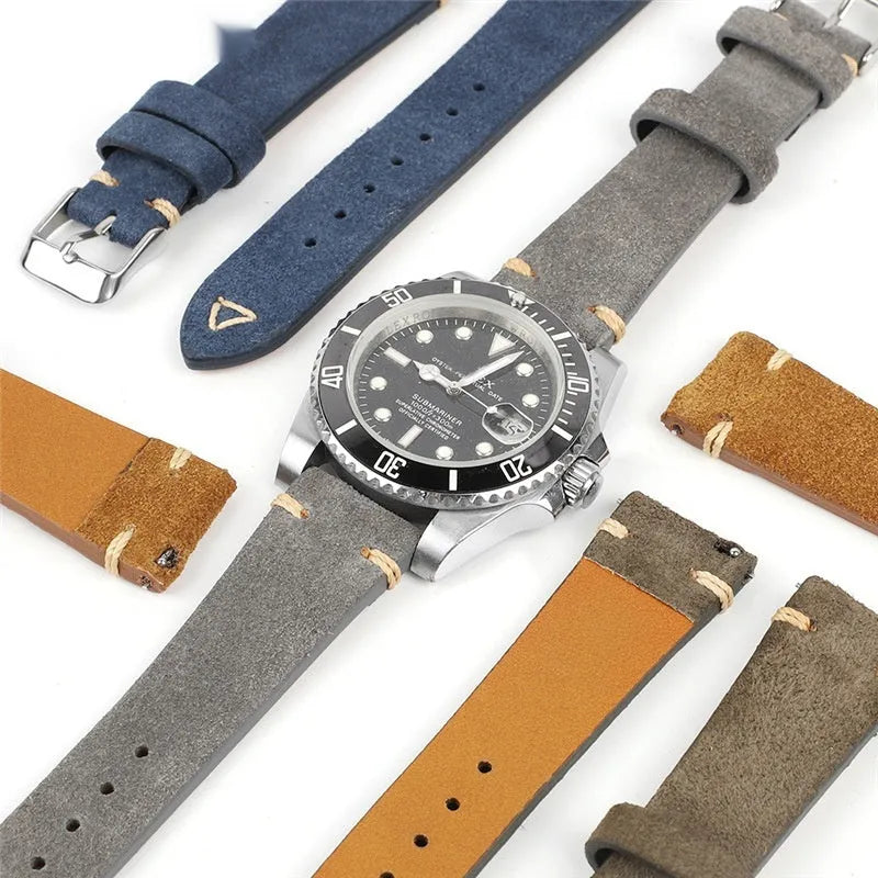 Suede leather watch strap in brown, blue, gray, or Army Green with 20mm or 22mm width options