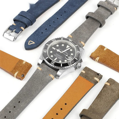 Suede leather watch strap in brown, blue, gray, or Army Green with 20mm or 22mm width options