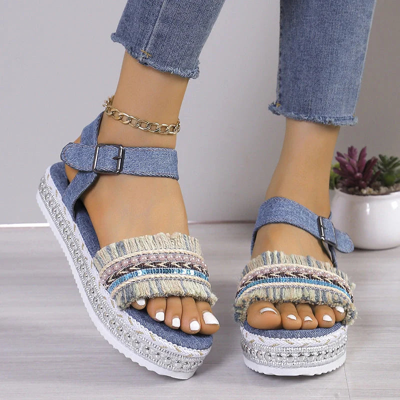 Women's denim tassel sandals with thick flat heel and hemp rope sole in black and blue