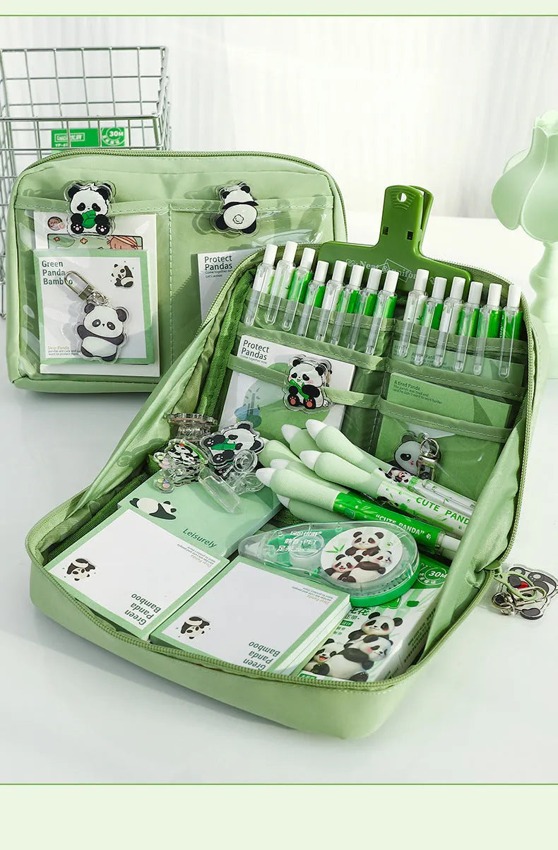 Green canvas pencil case with panda design featuring 12 storage layers for stationery organisation