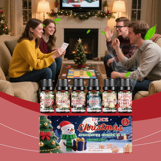 Christmas aromatherapy oil set showing six 60ml bottles with festive packaging for home fragrance