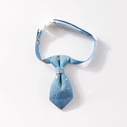 Designer dog collar with long tie and golden star, adjustable S 14-20cm or M 19-32cm, black or blue