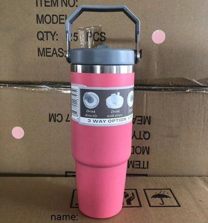 30 oz stainless steel insulated travel tumbler with handle cover in dark pink colour