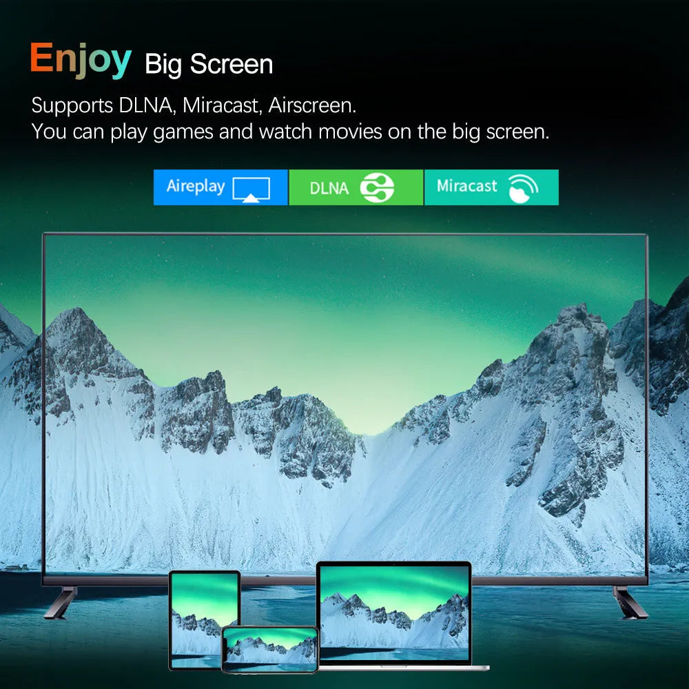 Black W2 ATV Android TV Box with AndroidTV 11, Amlogic S905W2, dual WiFi, HDMI 2.1, and 2.4G remote control