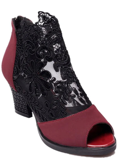 Lucyever women's black gladiator sandals with square heel, zip closure, and floral lace design