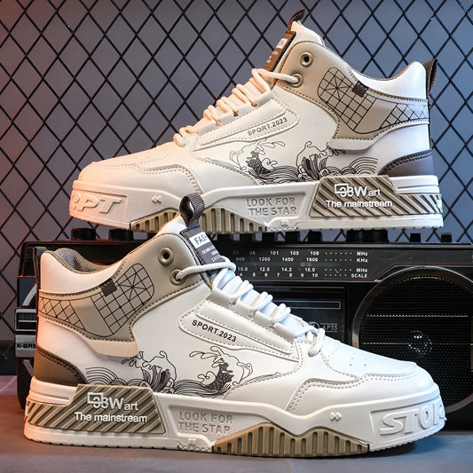Men's beige white blue high-top board shoes with lace-up front and rubber soles