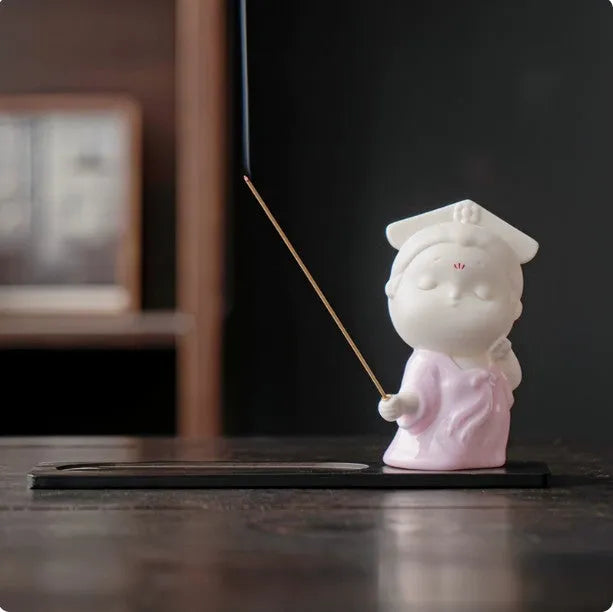 Ceramic cute female court attendant incense burner decoration in Qingge red colour.