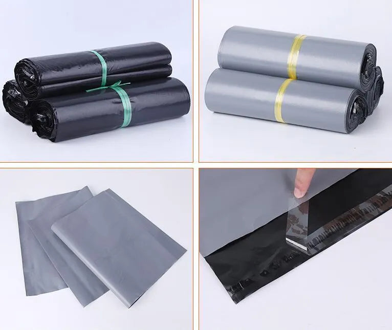 A pack of flat, sealed white PE plastic courier bags with an adhesive strip, showing size options and colour variations.