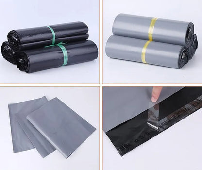 A pack of flat, sealed white PE plastic courier bags with an adhesive strip, showing size options and colour variations.