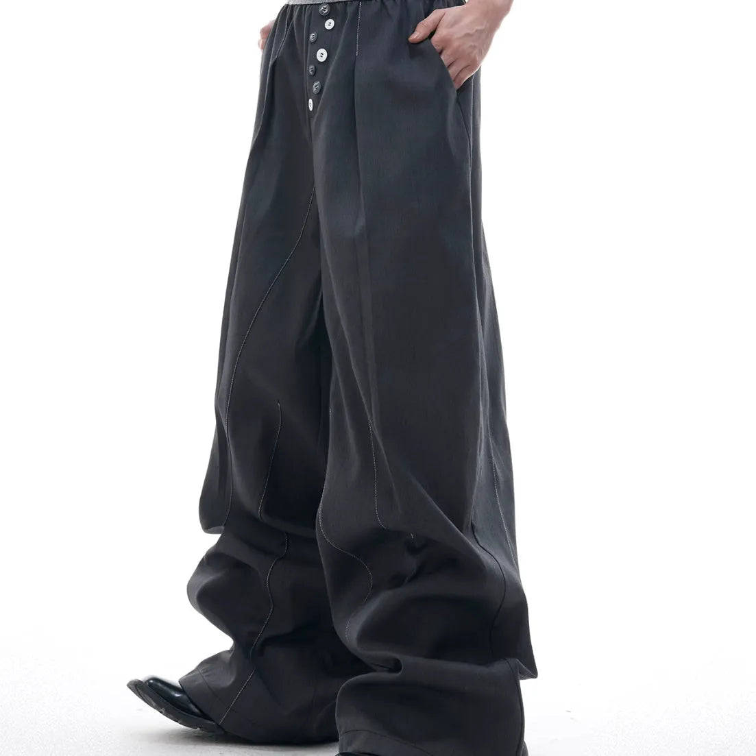 Drooping straight suit pants in black or grey with high waist and button open line design, straight-leg cut