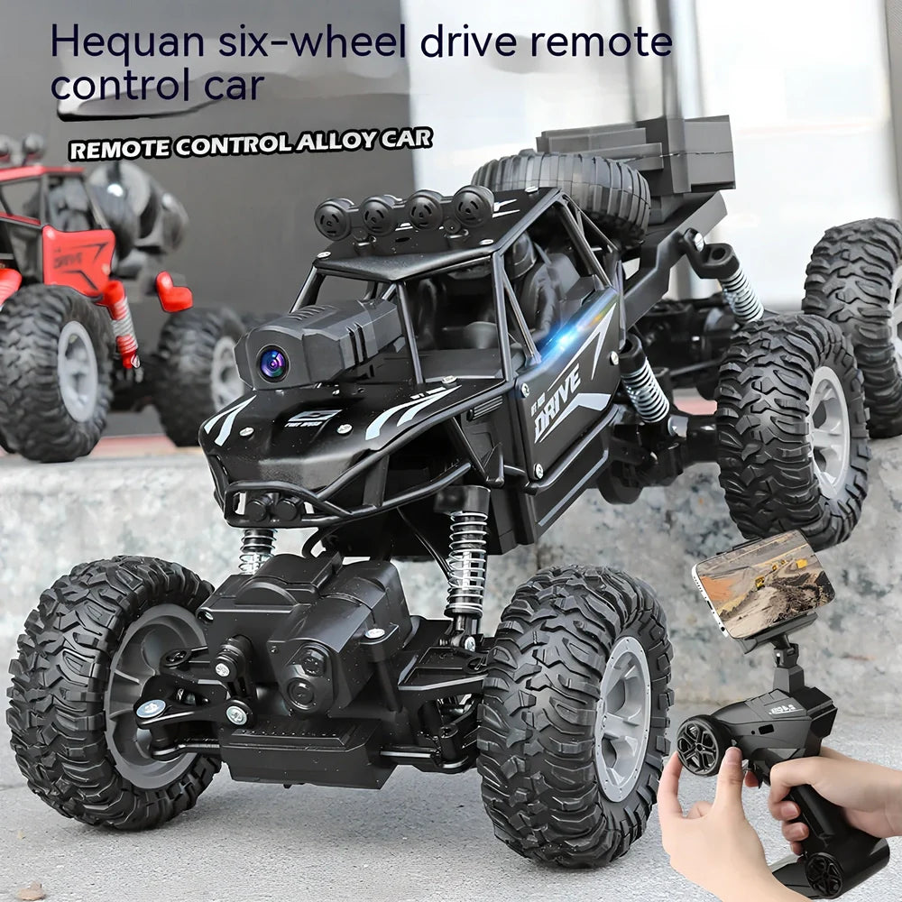 Children's remote control car with six wheels and 38cm climbing capability in black, gold, or red colours