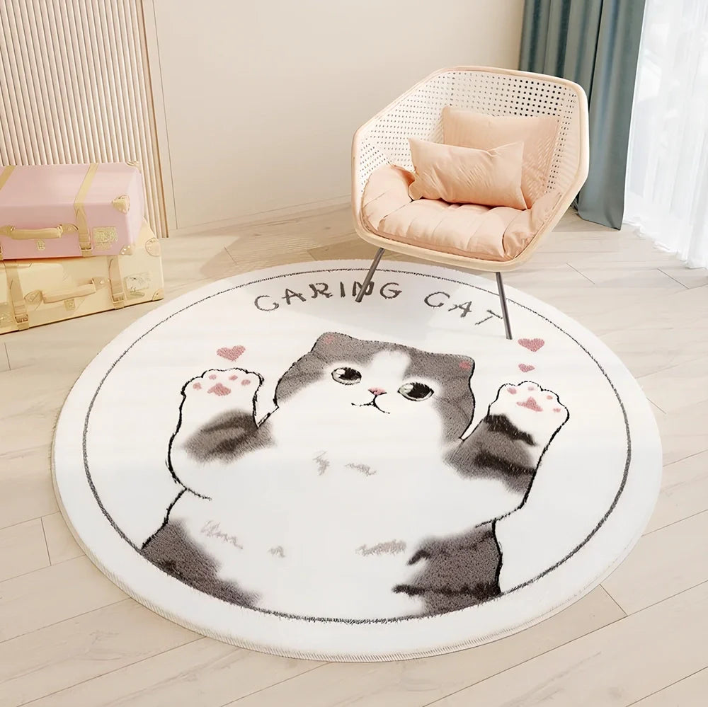 Circular children's polyester rug with animal character design, measuring 120cm diameter with soft pile surface