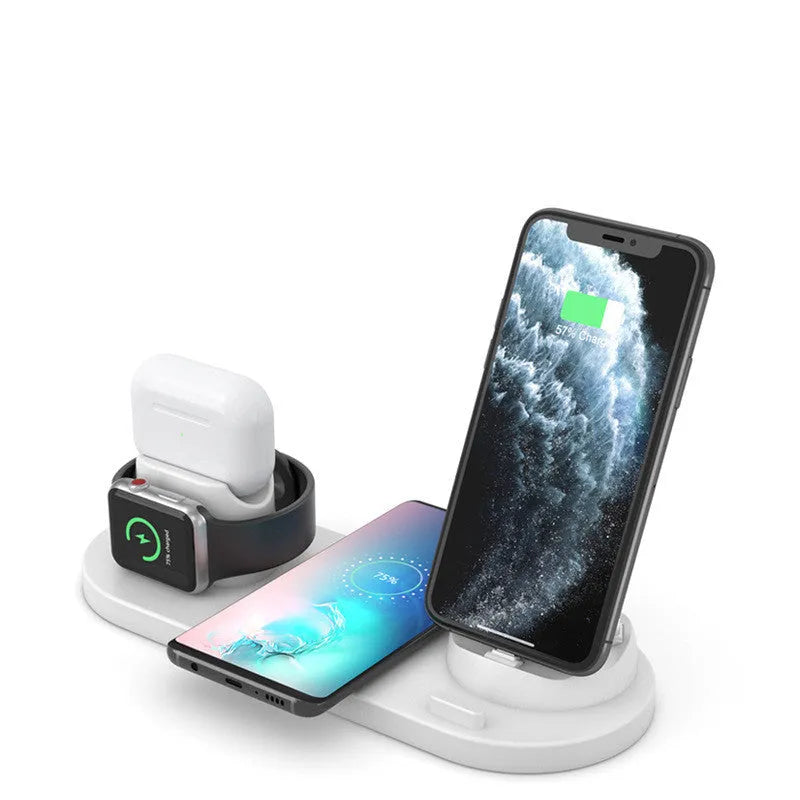 Black or white 6-in-1 wireless charging mobile phone holder station for Apple devices.